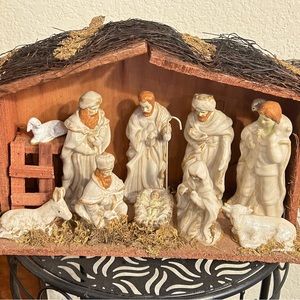Alco Nativity Scene porcelain fixed figures wooden creche.